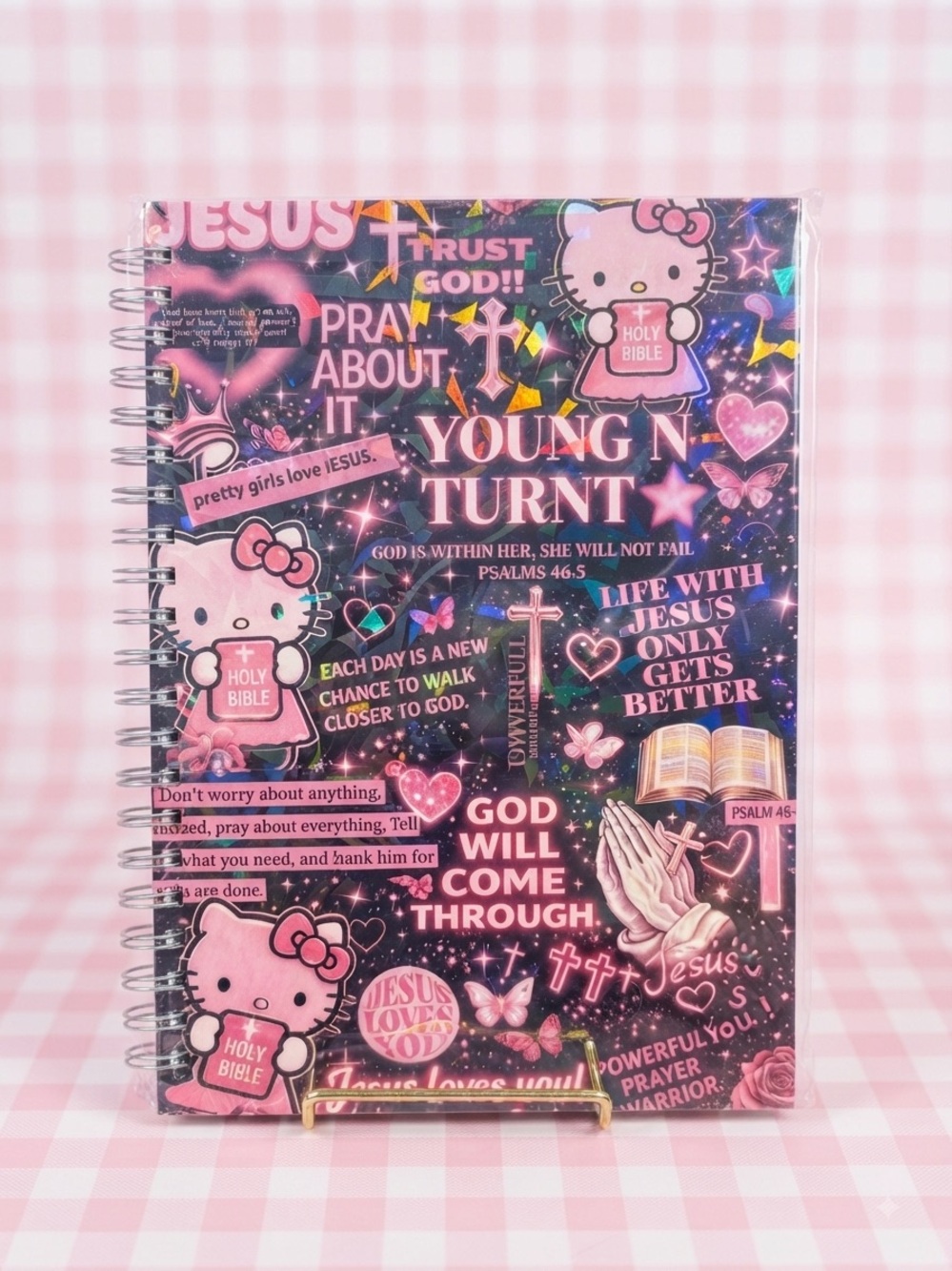 Pink Christian Kids Spiral Notebook - Inspirational Hello Kitty Design 8”x5”